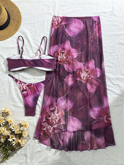 Biquíni 3 Peças Floral Roxo com Saída de Praia – Doce Malícia