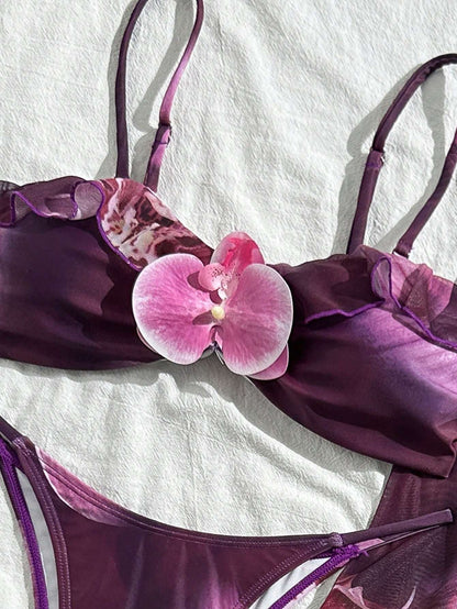 Biquíni 3 Peças Floral Roxo com Saída de Praia – Doce Malícia