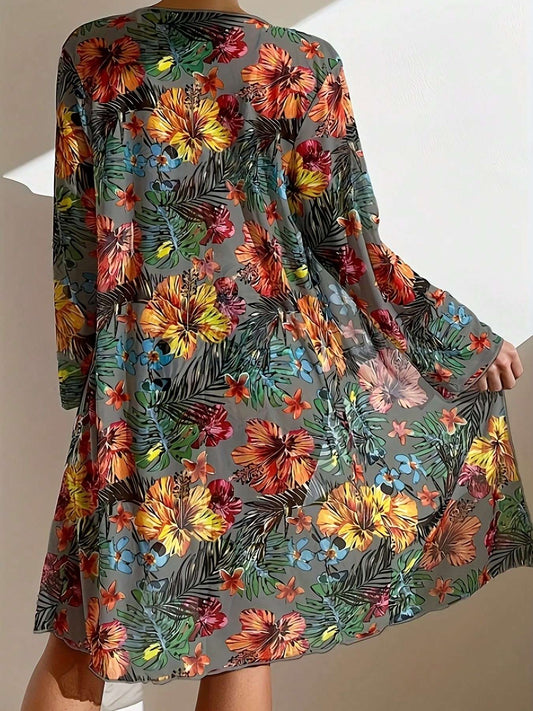Conjunto Praia Biquíni + Robe Manga Longa Floral Tropical – Doce Malícia
