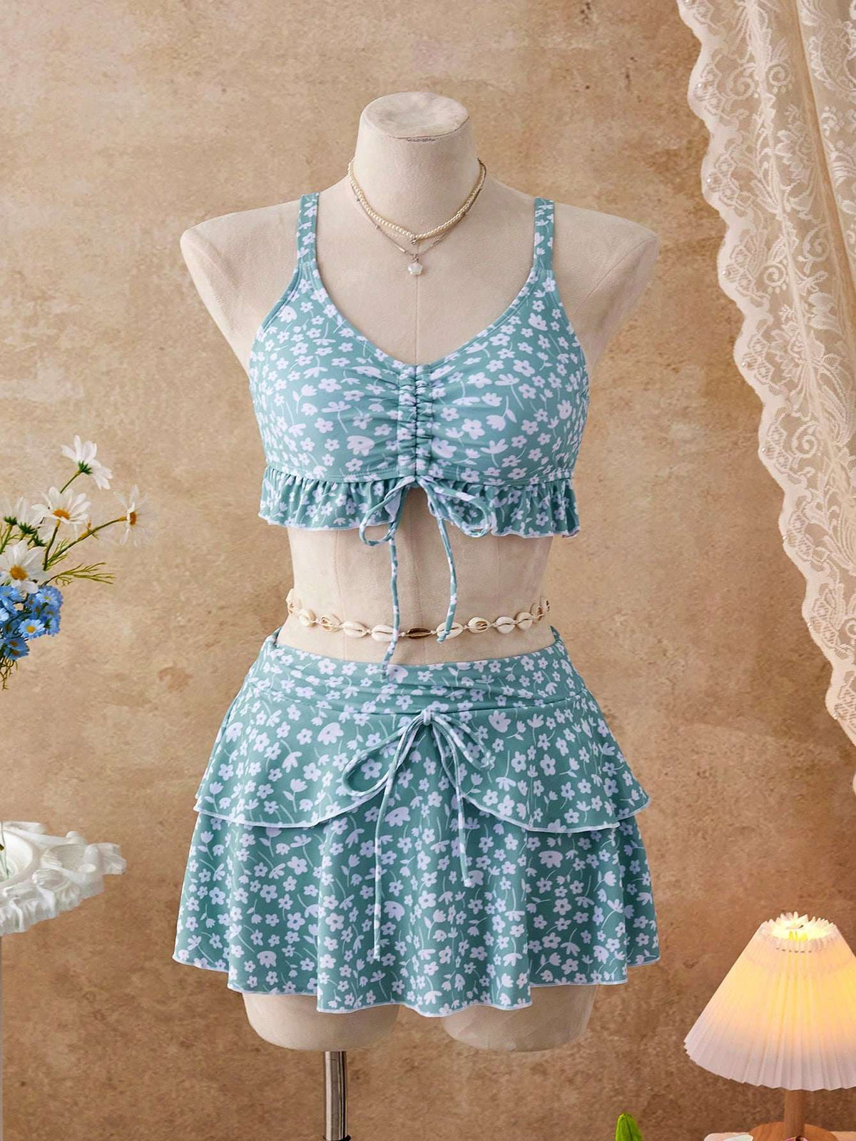 Conjunto Praia Top Franzido + Saia Floral Azul – Doce Malícia
