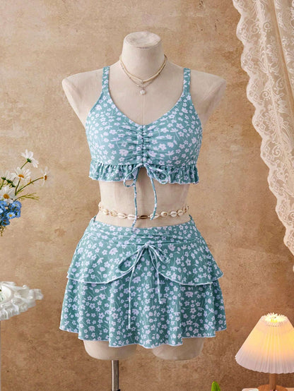 Conjunto Praia Top Franzido + Saia Floral Azul – Doce Malícia