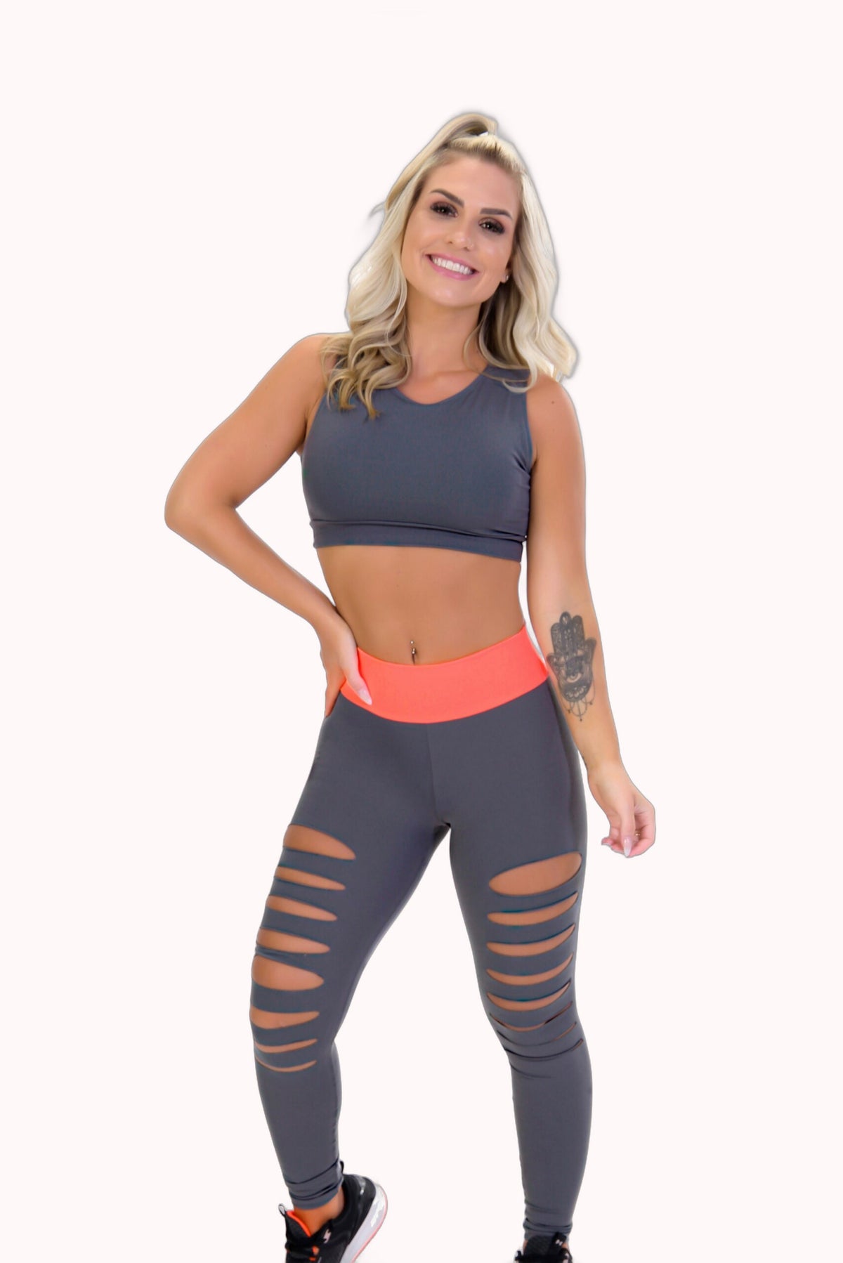 Conjunto Fitness Feminino Top e Legging Cintura Alta Cinza e Laranja