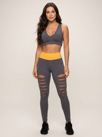 Conjunto Fitness Feminino Top e Legging Cintura Alta Cinza e Amarelo