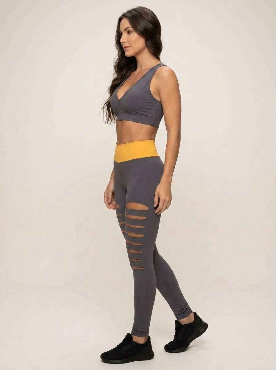Conjunto Fitness Feminino Top e Legging Cintura Alta Cinza e Amarelo