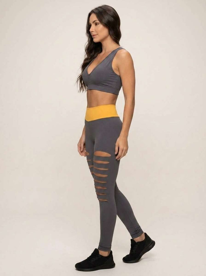 Conjunto Fitness Feminino Top e Legging Cintura Alta Cinza e Amarelo — Doce Malícia