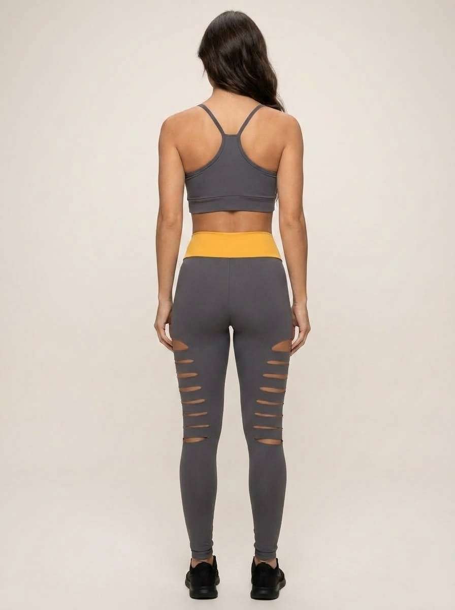 Conjunto Fitness Feminino Top e Legging Cintura Alta Cinza e Amarelo
