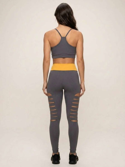 Conjunto Fitness Feminino Top e Legging Cintura Alta Cinza e Amarelo