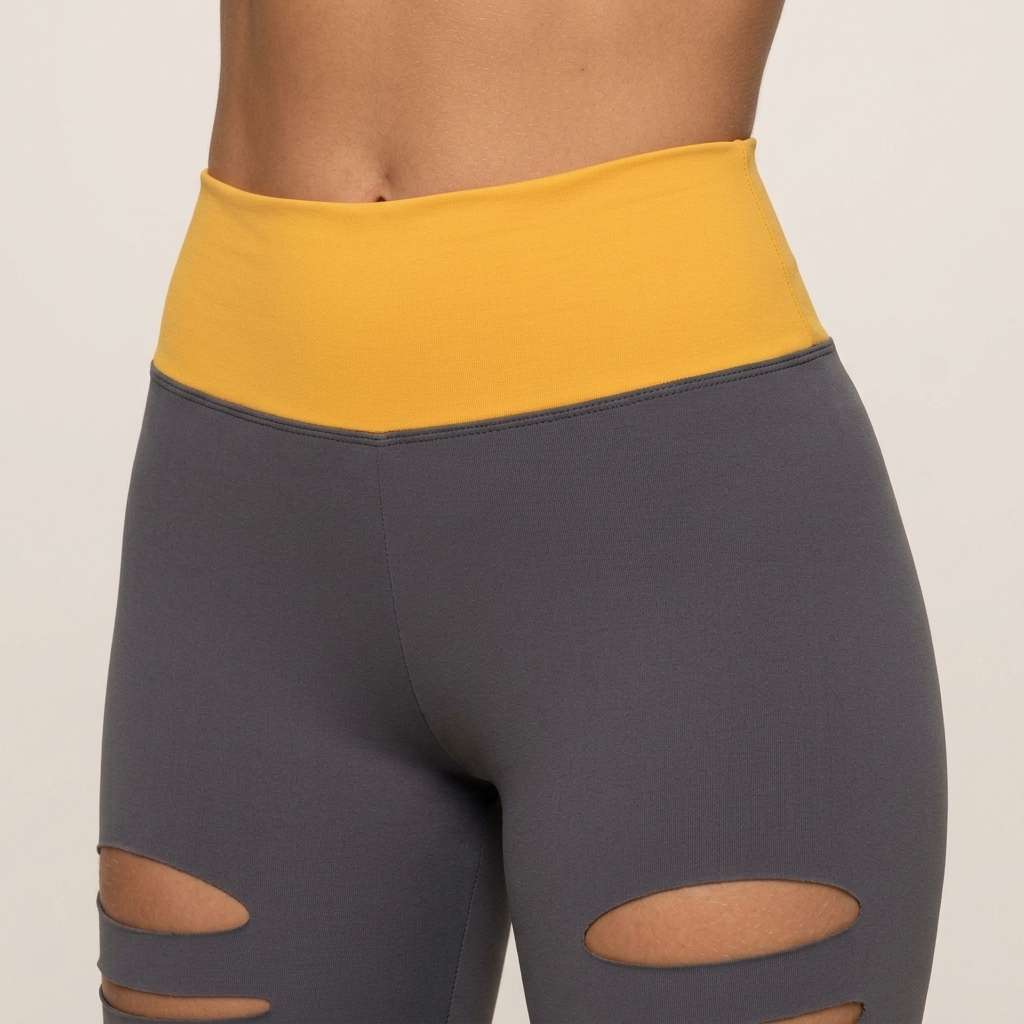 Conjunto Fitness Feminino Top e Legging Cintura Alta Cinza e Amarelo