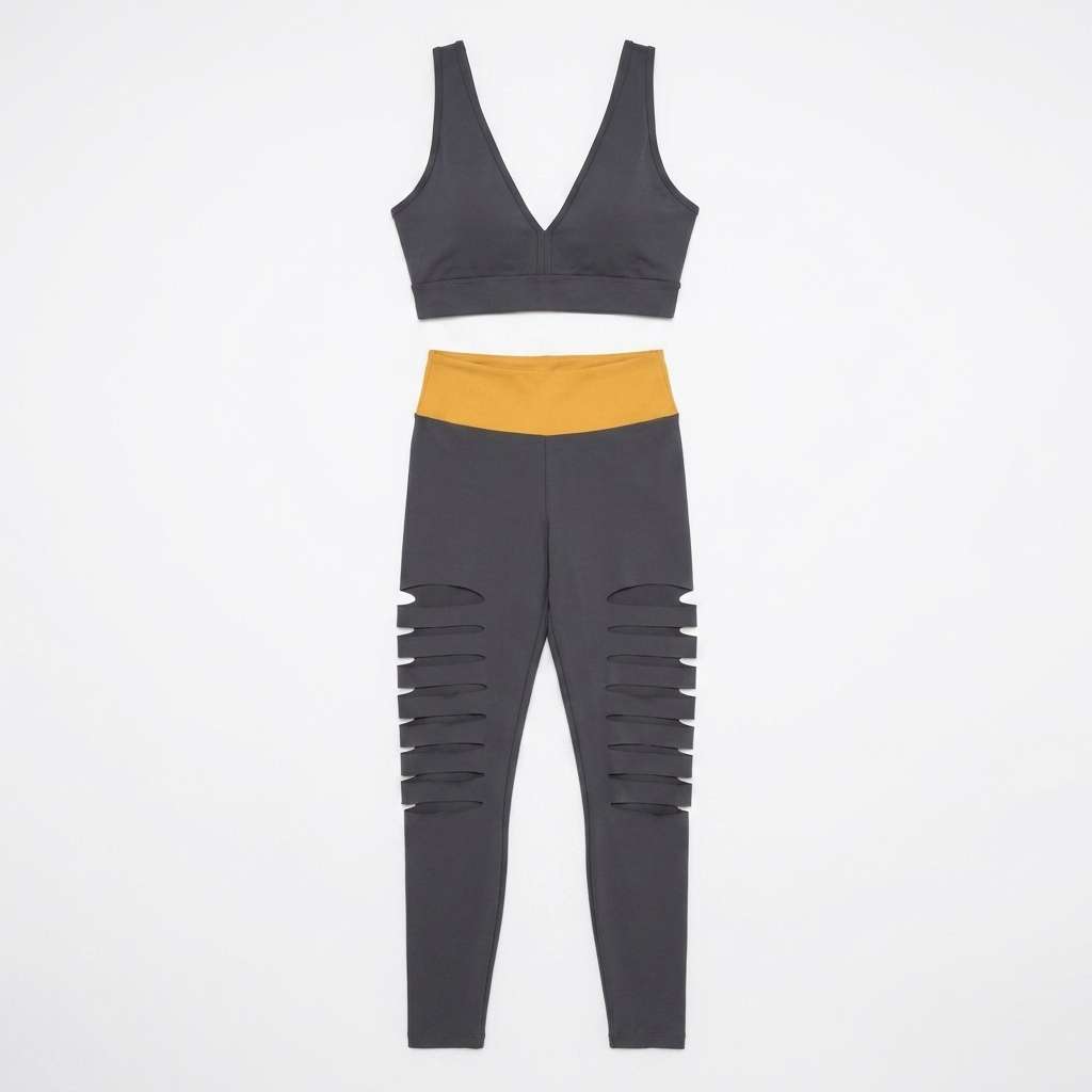 Conjunto Fitness Feminino Top e Legging Cintura Alta Cinza e Amarelo