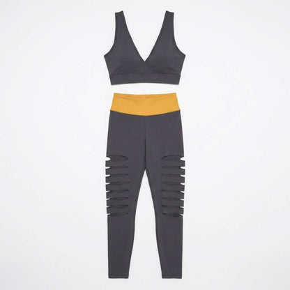 Conjunto Fitness Feminino Top e Legging Cintura Alta Cinza e Amarelo