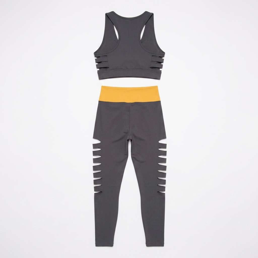 Conjunto Fitness Feminino Top e Legging Cintura Alta Cinza e Amarelo
