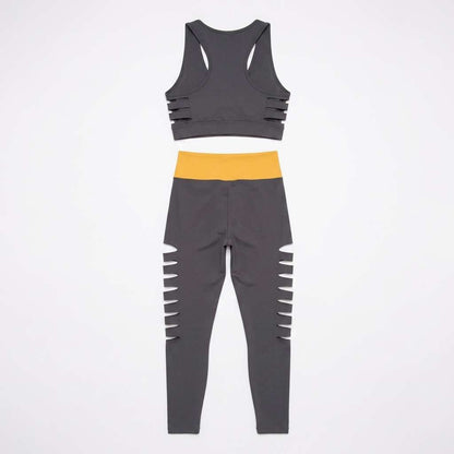 Conjunto Fitness Feminino Top e Legging Cintura Alta Cinza e Amarelo