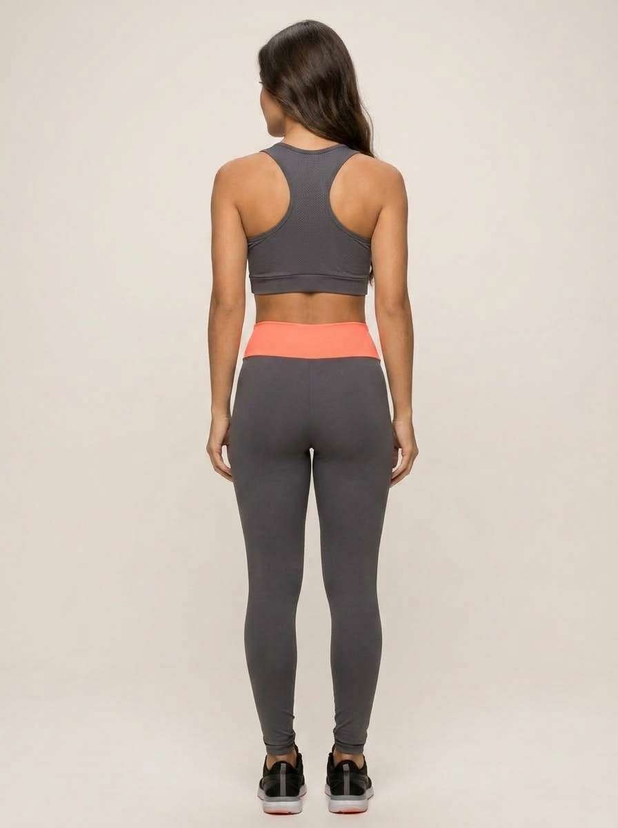 Conjunto Fitness Feminino Top e Legging Cintura Alta Cinza e Laranja