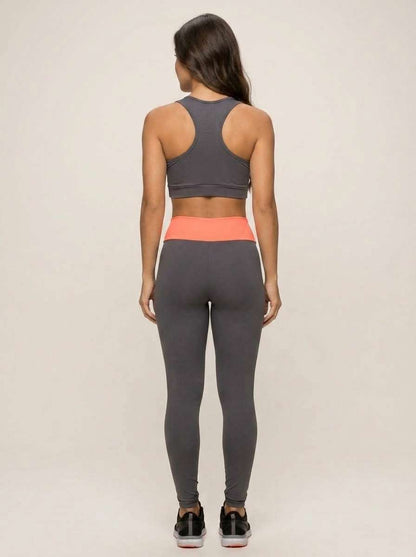 Conjunto Fitness Feminino Top e Legging Cintura Alta Cinza e Laranja