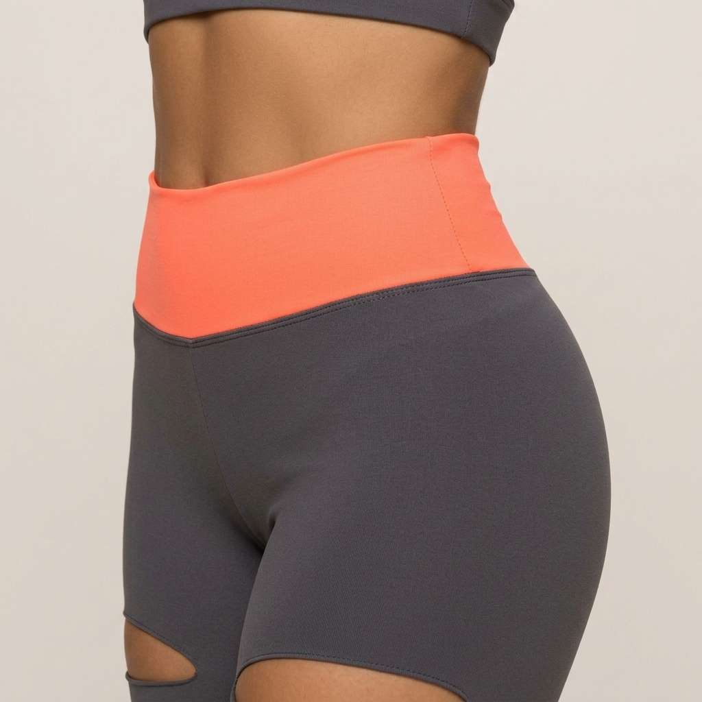 Conjunto Fitness Feminino Top e Legging Cintura Alta Cinza e Laranja