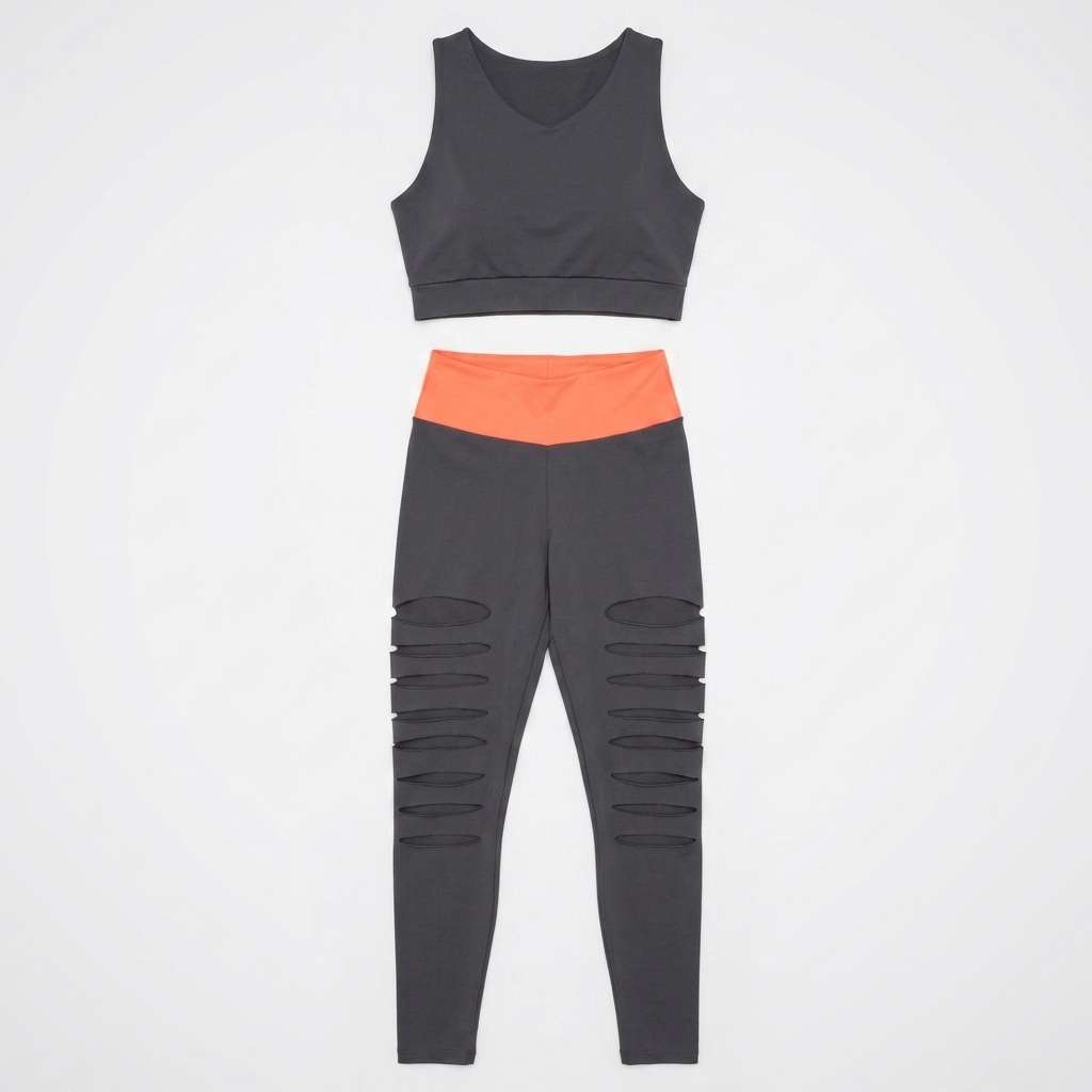 Conjunto Fitness Feminino Top e Legging Cintura Alta Cinza e Laranja