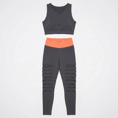 Conjunto Fitness Feminino Top e Legging Cintura Alta Cinza e Laranja