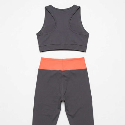Conjunto Fitness Feminino Top e Legging Cintura Alta Cinza e Laranja