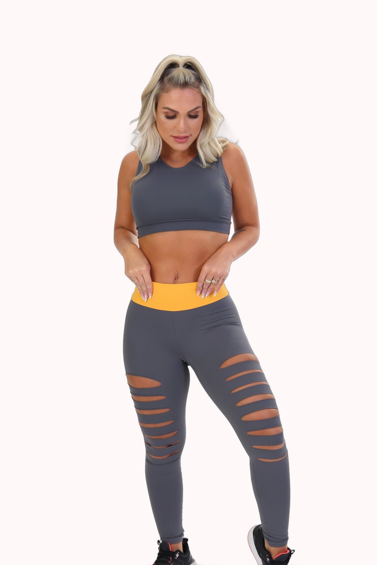 Conjunto Fitness Feminino Top e Legging Cintura Alta Cinza e Amarelo