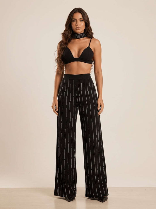 Conjunto Melina Calça + Cropped + Choker Strass - Preto