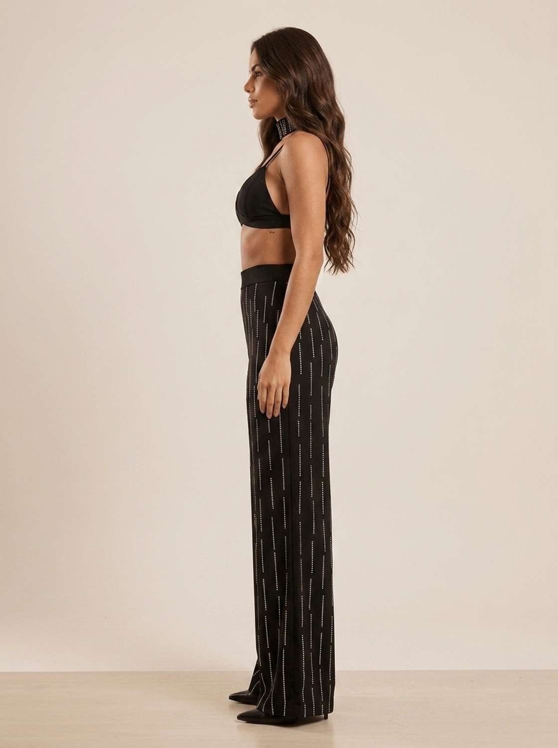 Conjunto Melina Calça + Cropped + Choker Strass - Preto