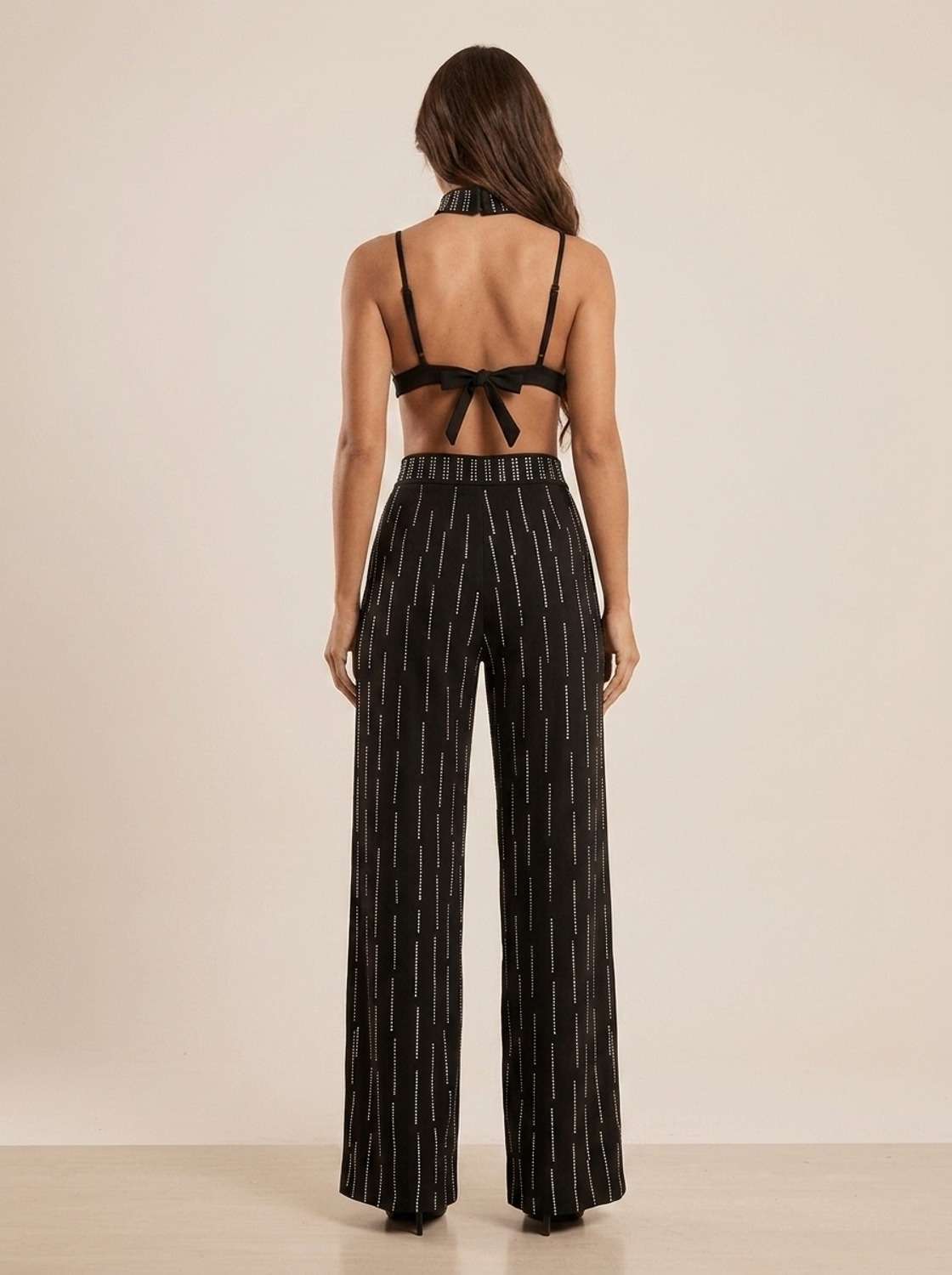 Conjunto Melina Calça + Cropped + Choker Strass - Preto