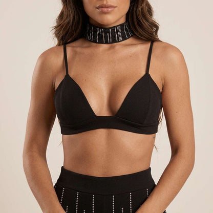 Conjunto Melina Calça + Cropped + Choker Strass - Preto