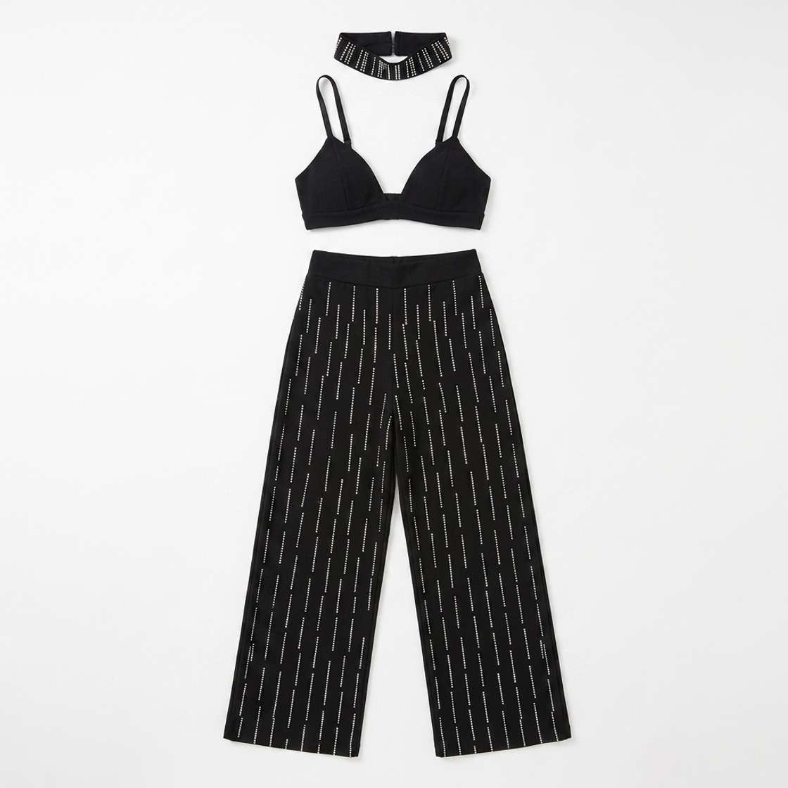 Conjunto Melina Calça + Cropped + Choker Strass - Preto