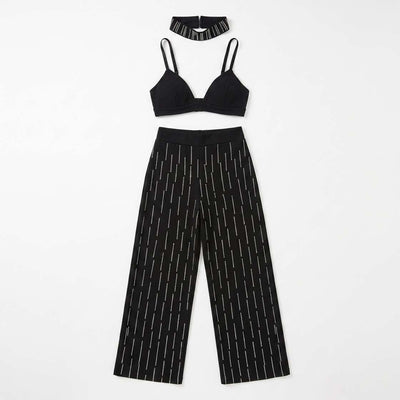 Conjunto Melina Calça + Cropped + Choker Strass - Preto