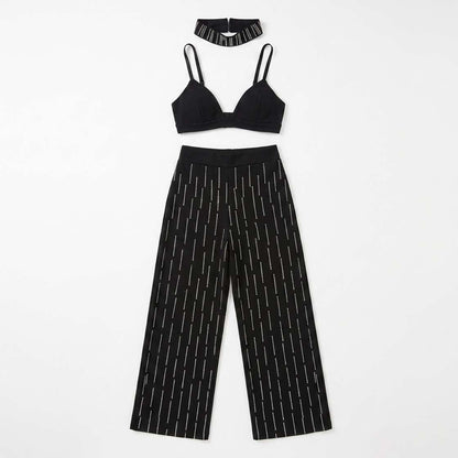 Conjunto Melina Calça + Cropped + Choker Strass - Preto