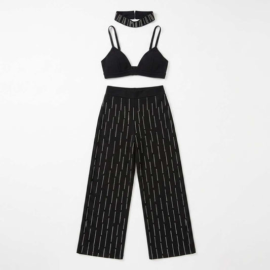 Conjunto Melina Calça + Cropped + Choker Strass - Preto