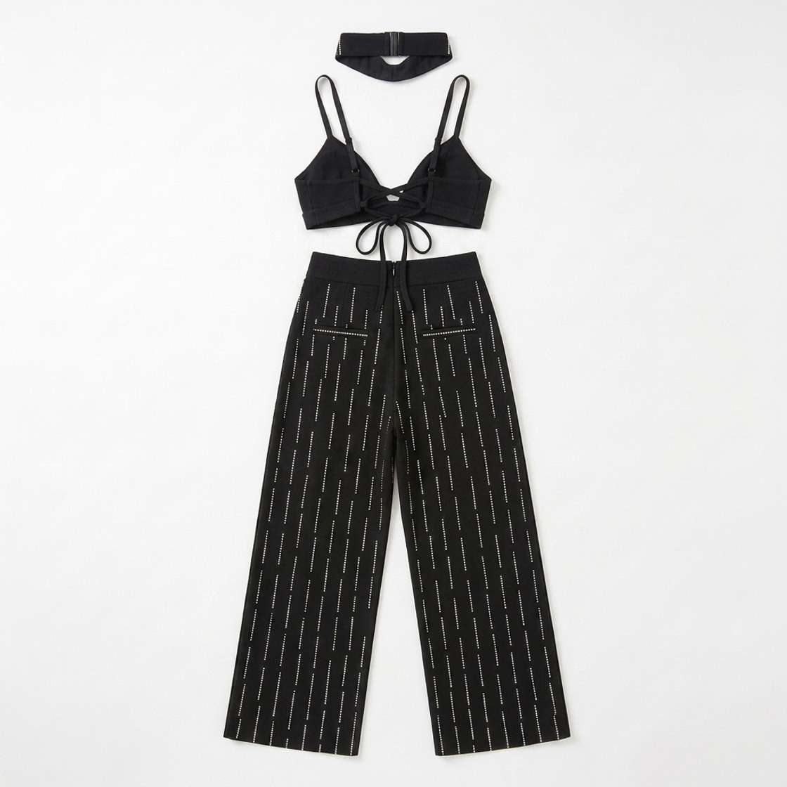 Conjunto Melina Calça + Cropped + Choker Strass - Preto