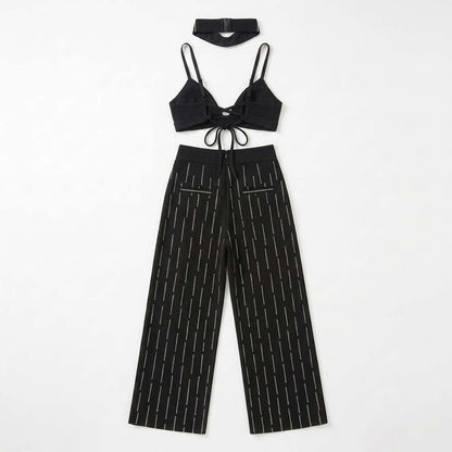 Conjunto Melina Calça + Cropped + Choker Strass - Preto
