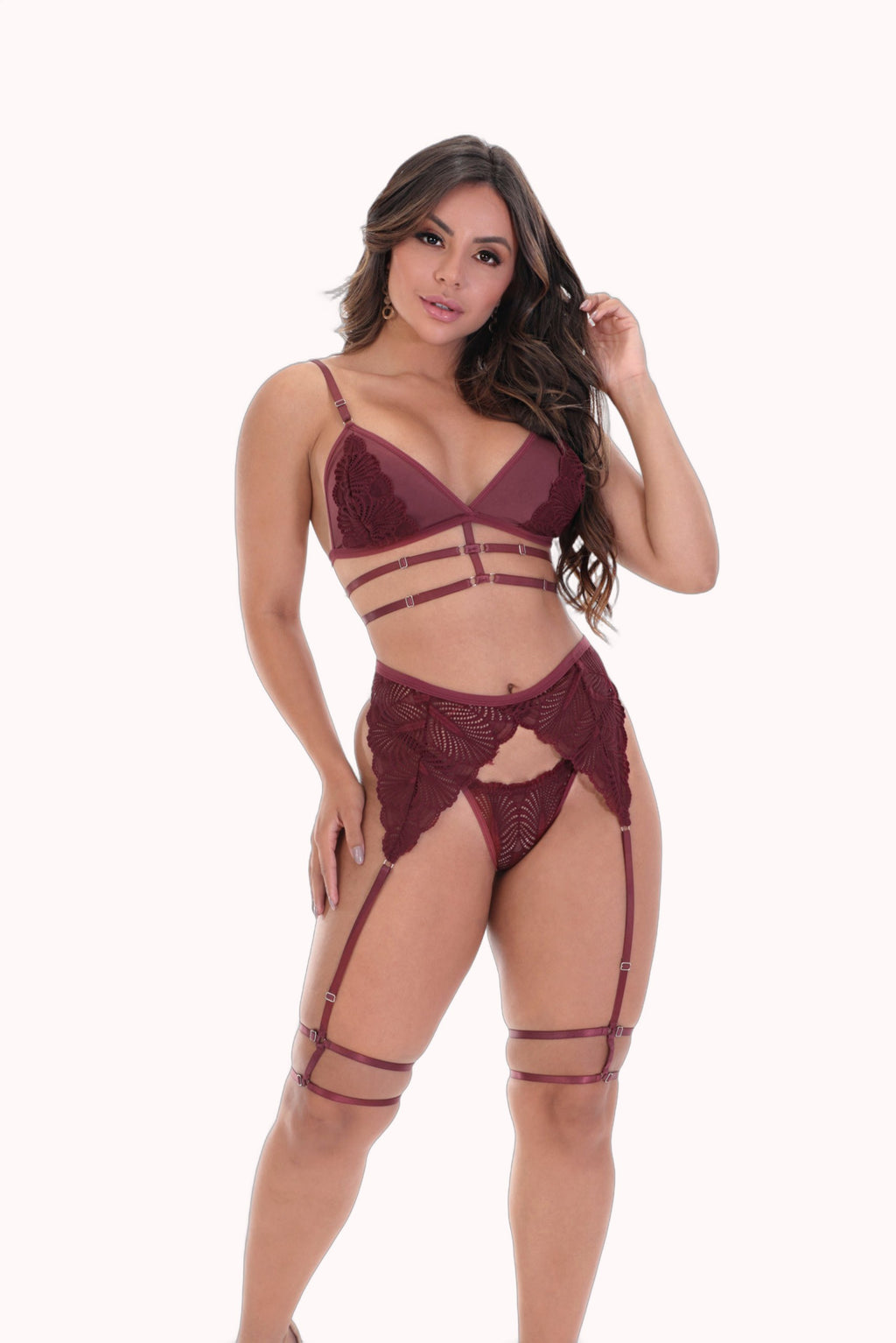 Conjunto sexy com cinta liga e perneira – Doce Malícia