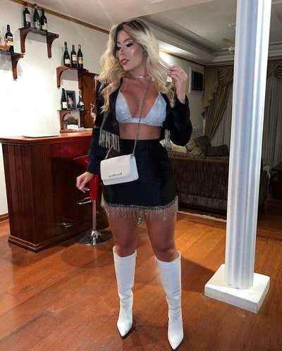 Conjunto Gabi Alfaiataria Franja Strass - Preto