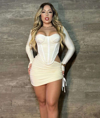 Conjunto Kim Cropped Corselet Manga Longa Saia Drapeado - Off White