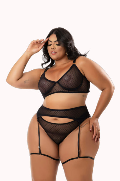 Conjunto Plus Size Sexy em Tule Dot com Cinta Liga – Doce Malícia