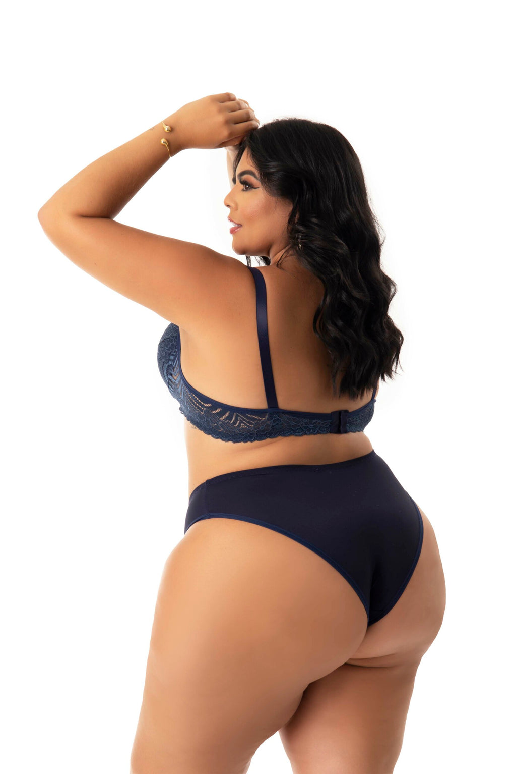 Conjunto Plus Size com renda vazada em azul-Marinho – Doce Malícia