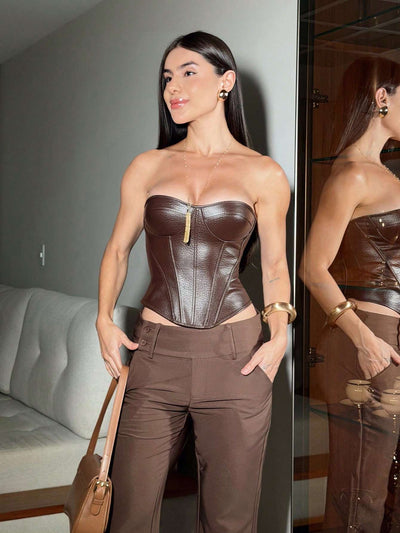 Cropped Feminino Couro Castanho – Doce Malícia