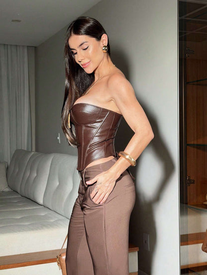 Cropped Feminino Couro Castanho – Doce Malícia