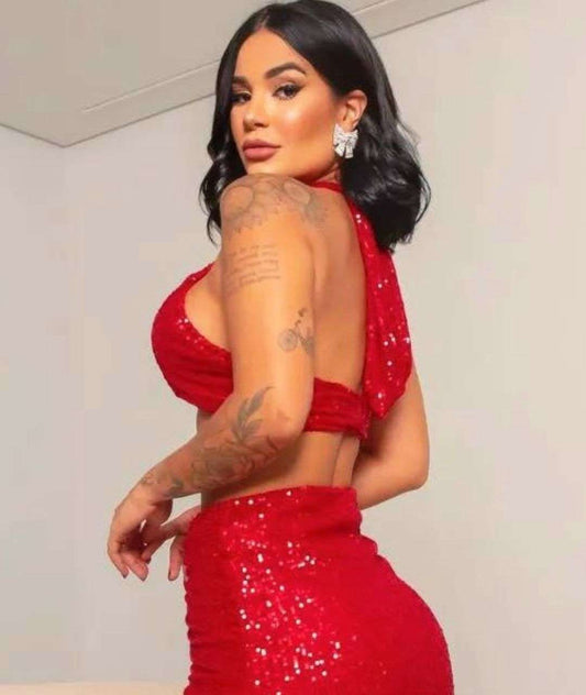 Cropped Sabrina Multiformas Paetê - Vermelho