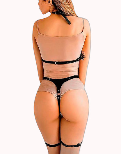 Fetiche Harness Conjunto com Cinta Liga em Couro Preto – Doce Malícia