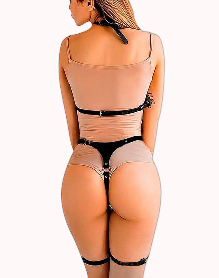 Fetiche Harness Conjunto com Cinta Liga em Couro Preto – Doce Malícia — Doce Malícia