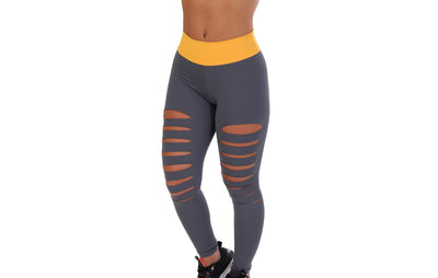 Calça Legging recorte com cós laranja em cinza – Doce Malícia