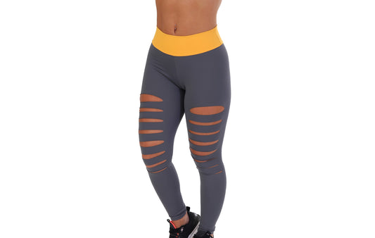 Calça Legging recorte com cós laranja em cinza – Doce Malícia