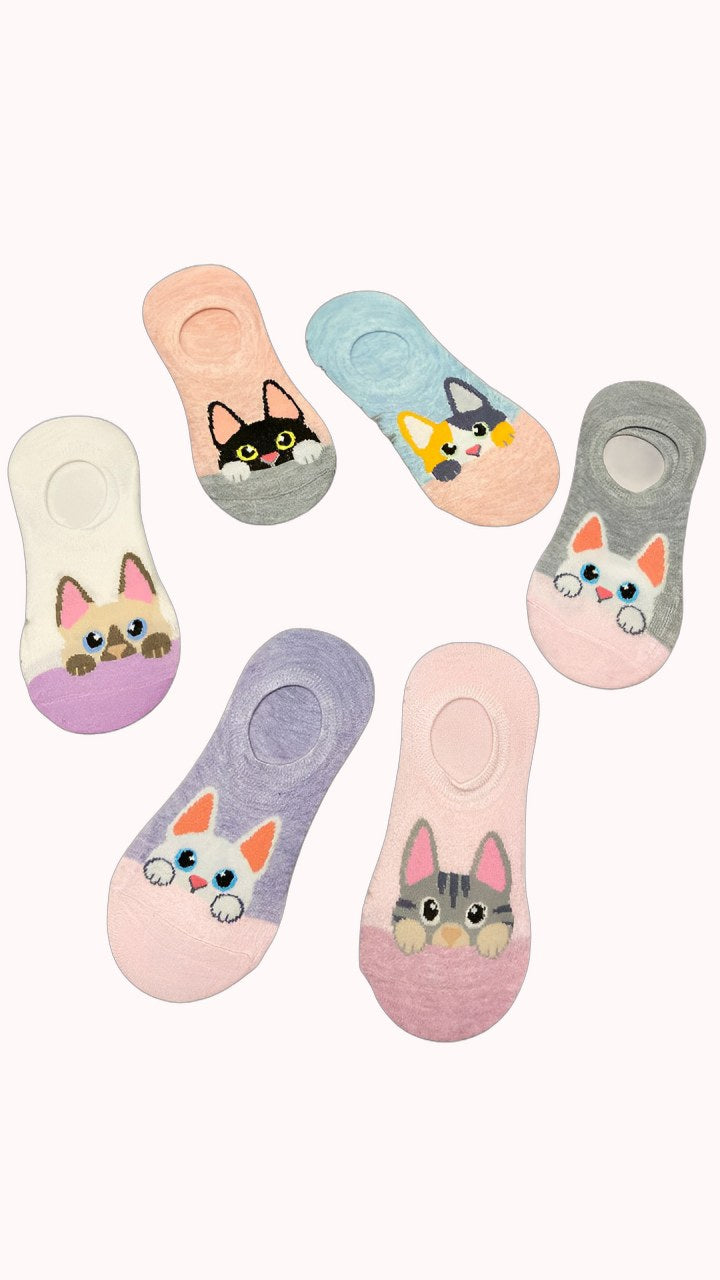 Kit de 3 Meias Invisíveis Feminina com Estampa de Gatinho – Doce Malícia