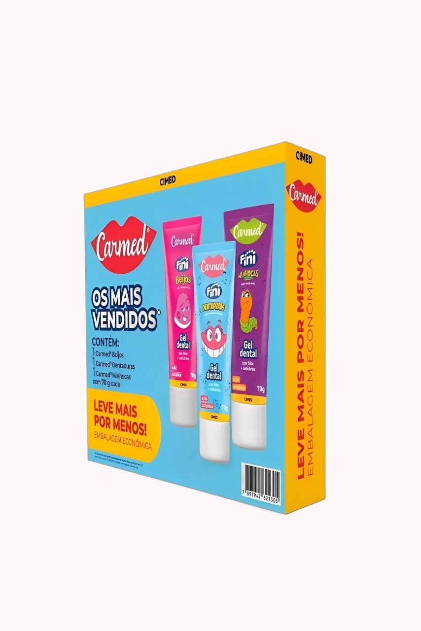 Kit Carmed Oral Care Gel Dental Fini Beijos 70g + Dentadura 70g + Minhocas Azedinhas 70g – Doce Malícia