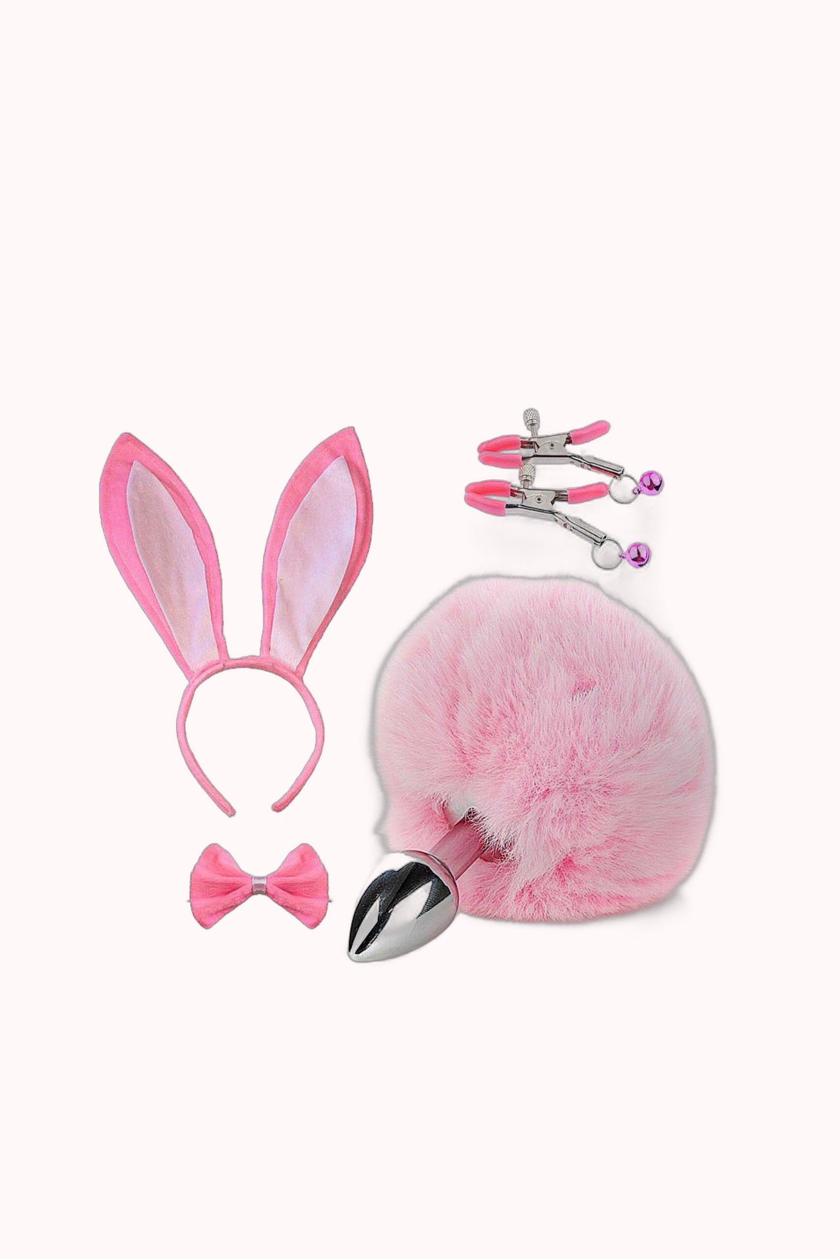 Kit Fetiche Coelho – Plug Anal com Rabo, Tiara, Grampos de Mamilos e Gravata – Doce Malícia