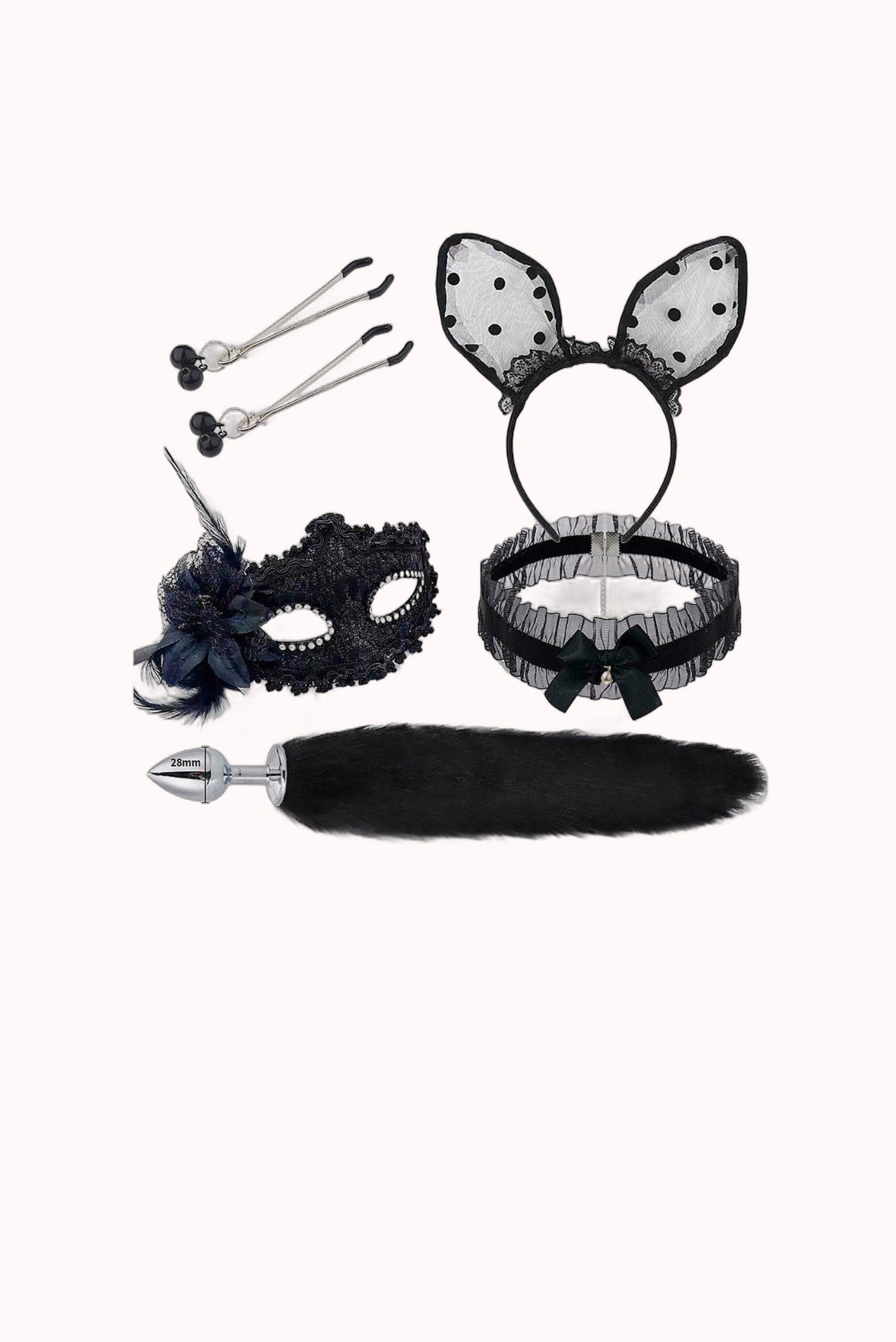 Kit Fetiche Raposa Sexy – Plug Anal com Rabo, Tiara, Grampos de Mamilos e Gargantilha com Máscara – Doce Malícia