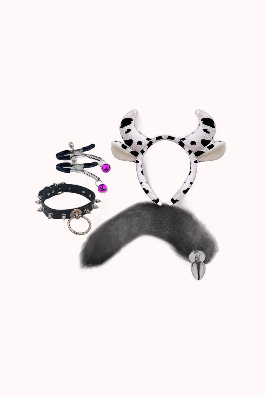 Kit Fetiche Vaca – Plug Anal com Rabo, Tiara, Grampos de Mamilos e Gargantilha – Doce Malícia